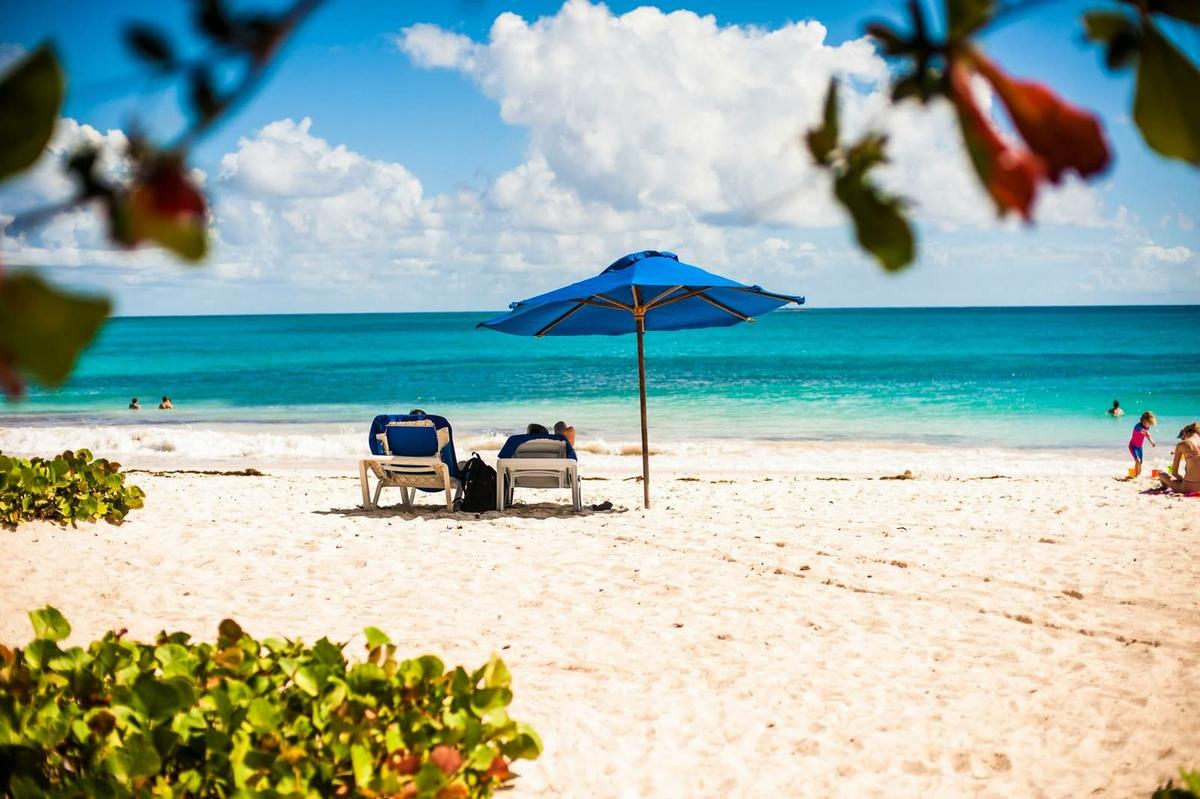 A blue umbrella on a white sand Barbados beach