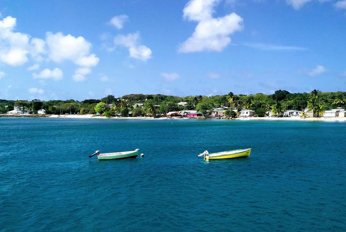 Boats moored off the Barbados coast